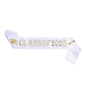 Vista dettagliata della fascia Class of 2025 con scritte in lamina d'oro e icone - Classe del 2025 / Raso / Bianco Con Testo Dorato