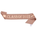 Macro detail of rose gold Class of 2025 graduation sash with glitter fabric and icons - Class of 2025 / Glitter Fabric / Rose Gold