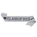 Detail of silver glitter Class of 2025 graduation sash with black lettering and icons - Class of 2025 / Glitter Fabric / Silver With Black Text
