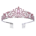 Elegant pink crystal birthday tiara crown with silver alloy frame and hair combs - Pink