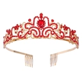 Luxurious gold crystal tiara with red water-drop gemstone and intricate filigree detail - Red
