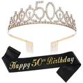 50th Birthday Set with Gold Rhinestone Tiara and Black Happy 50th Birthday Sash - 50th Birthday Gold Kit