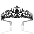 Vintage style black metal crown tiara with black rhinestones and side combs - Black