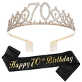 70th Birthday set with golden rhinestone tiara and black Happy 70th Birthday sash - 70th Birthday Gold Kit