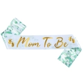 White satin Mom To Be sash with gold foil text and green eucalyptus leaf prints - Eucalyptus Pattern (JD144)