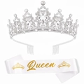 Corona di cristallo argento con fascia Queen bianca e oro per feste e celebrazioni - Bianco Queen