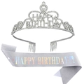 Silver crystal Happy Birthday crown set with sparkling silver glitter sash for parties - Silver Tiara And Silver Glitter Iridescent Letter Sash