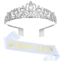 Set corona di cristallo argento e fascia Prom Queen in raso bianco per feste - Prom Queen Bianco Oro