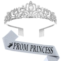 Silver Prom Princess sash with glitter finish and a crystal crown tiara for parties - Prom Princess Silver Glitter