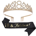 Set 18° compleanno con corona di strass dorati e fascia nera per ragazze - Tiara Dorata e Fascia Nera (FG176+JD078)