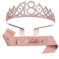 Tiara 18 compleanno oro rosa con strass e fascia rosa glitterata per festa ragazza - Tiara Oro Rosa e Fascia Oro Rosa (FG176+JD078)