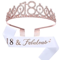 Set 18 anni oro rosa con tiara di strass e fascia bianca con scritta 18 & Fabulous - Tiara Oro Rosa e Fascia Bianca (FG176+JD025)