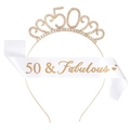 Detail of gold 50th birthday rhinestone crown and white 50 & Fabulous satin sash set - 50th Birthday Gold Set