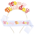 Rainbow Birthday Set with Golden Metal Headband and White Satin Sash for Party - Multi-color Set II