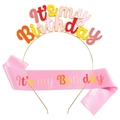 Rainbow IT'S MY BIRTHDAY gold headband and pink satin sash party favors set for women - Pink Set II