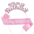 Pink glitter It's my Birthday headband and matching satin sash party accessory set - Pink Jewelry Set