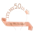 Rose gold 50th birthday party set with a crystal crown headband and pink satin sash - 50th Birthday Style