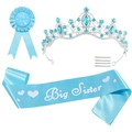 Set compleanno Big Sister blu con tiara di cristallo, fascia in raso e distintivo - Corona Fascia Distintivo Blu / Blu