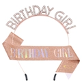 Rose gold Birthday Girl tiara with pink glitter sash set for women party decoration - Rose Gold Holographic Set
