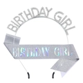 Set con cerchietto Birthday Girl in argento e fascia grigia glitterata con strass - Set Olografico Argento