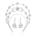 Celestial silver alloy headpiece and earring set with shimmering moon and star motifs - FG186 Triple Layer Headband Set
