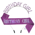 Birthday girl set with purple glitter sash and pink rhinestone headband accessories - Holographic Purple Set