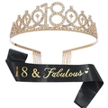 Set corona con strass dorata 18 anni e fascia in raso nera 18 & Fabulous - Tiara Dorata e Fascia Nera (FG176+JD025)