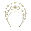 Serre-tête auréole dorée à trois couches avec étoiles en cristal et motifs lune - Bandeau Lune à Trois Couches (Or)