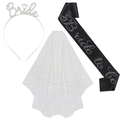 Set Bride to be con cerchietto strass velo bianco e fascia in raso nero - Stile 1 / Set da 3 pezzi / Raso Nero