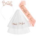 Set de fiesta para novia con diadema oro rosa, banda rosa y velo de novia blanco doble - Juego Color Champaña