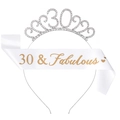 Set 30 compleanno con corona di cristallo e fascia in raso bianco 30 & Fabulous - Set Argento 30 Anni