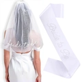 Elegantes Set aus weißer Bride to Be Satinschärpe und doppellagigem Tüllschleier für Partys - Bestickter Schleier + Strass Schärpe