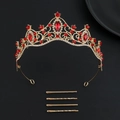 Baroque gold bridal tiara set with red rhinestones and matching hairpins on black backdrop - Gold Red Zirconia