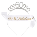 60th birthday set featuring a silver rhinestone crown and 60 Fabulous white satin sash - 60 Years Old Silver Set