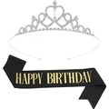Set festa con corona di strass argento e fascia nera glitterata Happy Birthday - Set con Zirconia Nera