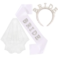 Bridal 3-piece set including pearl BRIDE headband, white satin sash and multi-layer veil - Bride Accessory Sash Headband Veil (Iridescent Rhinestone)