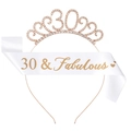 Rose gold 30th birthday crown with rhinestone digits and white 30 & Fabulous satin sash - 30 Years Old Rose Gold Set