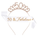 Rose gold 50th birthday crown with rhinestones and white 50 & Fabulous satin sash - 50 Years Old Rose Gold Set