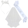 Fascia sposa bianca con strass Bride to be, cerchietto e velo per addio al nubilato - Stile 1 / Set da 3 pezzi / Raso Bianco