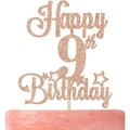 Rose gold glitter Happy 9th Birthday cake topper with star details for party decor - Happy 9th Birthday