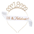 Golden 18th birthday tiara with rhinestones and 18 & Fabulous white satin sash set - 18th Birthday Gold Combo
