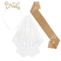 Velo da sposa bianco, cerchietto dorato e fascia Bride to Be per addio al nubilato - Stile 1 / Set da 3 pezzi / Satin Oro