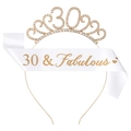 Golden rhinestone 30th birthday tiara and white sash set with 30 & Fabulous gold lettering - 30th Birthday Gold Set