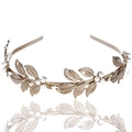 Greek style golden leaf headband featuring fine metal foliage and white pearls - Gold FG006