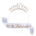 Silver 40th birthday crown with rhinestones and white '40 & Fabulous' satin sash set - 40th Birthday Gold Set