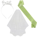 Set addio al nubilato con cerchietto strass velo bianco e fascia in raso verde chiaro - Stile 1 / Set da 3 pezzi / Argento Verde