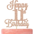 Sparkly rose gold Happy 11th Birthday cake topper with star accents for party decoration - Happy 11th Birthday