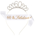 Glittery 60th birthday set with silver rhinestone tiara and 60 & Fabulous white sash - 60 Years Old Gold Set
