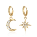 Baroque style gold moon and star asymmetric earrings with sparkling crystal rhinestones - Hexagram Moon Small Earrings (EH010)