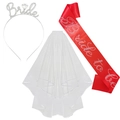 Set festa addio al nubilato con fascia in raso rosso, cerchietto strass e velo bianco - Stile 1 / Set da 3 pezzi / Base Argento Rosso